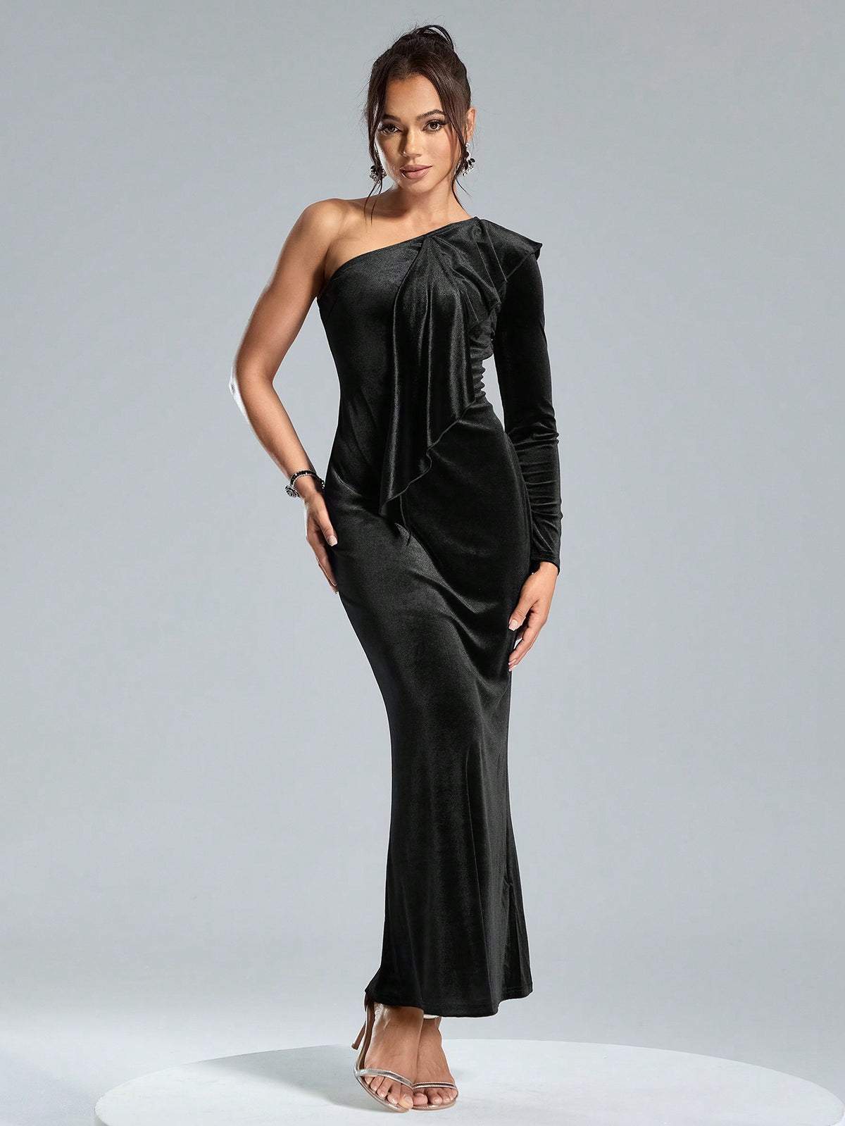 Women's Elegant Elastic Velvet Black Dress,One Shoulder Ruffle Stitching Long Sleeve Prom Evening Gown For Wedding Guest,Party & Graduation