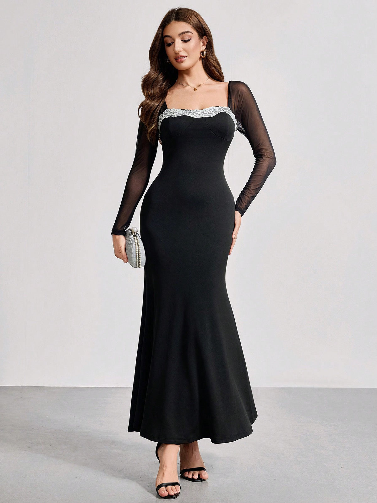 Elegant Women's Mesh Contrast Lantern Sleeve Square Neck Fishtail Hem Evening Gown, Black Dress