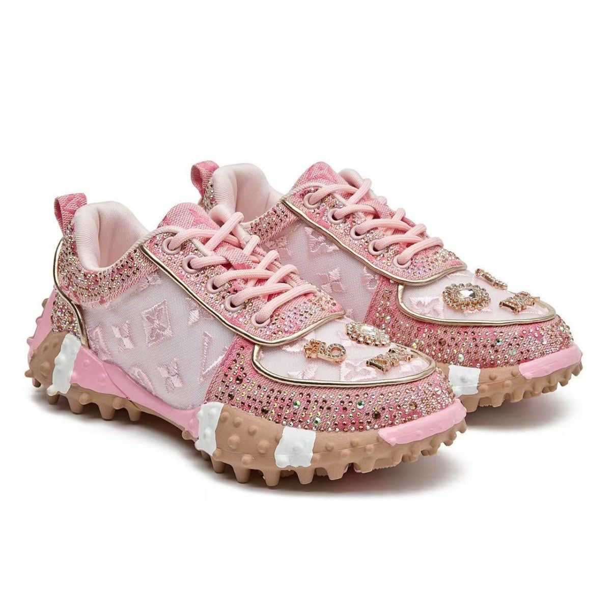 Durian-patterned rhinestone chunky sneakers for women, trendy mesh single shoes, new style, thick sole, versatile casual shoes, full rhinestone women's shoes.