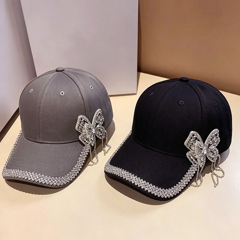 Original design, all-cotton baseball cap for women, double rhinestone bow, stylish and elegant, perfect for outings, sun protection, and sunshade.