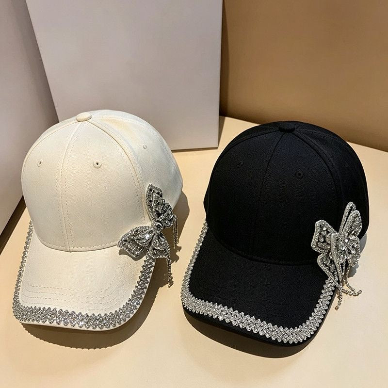 Original design, all-cotton baseball cap for women, double rhinestone bow, stylish and elegant, perfect for outings, sun protection, and sunshade.