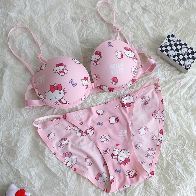 Hello Kitty, Japanese-style front-clasp, sweet and cute, small-chested, push-up halter bra, feminine and alluring, youthful and sensual.