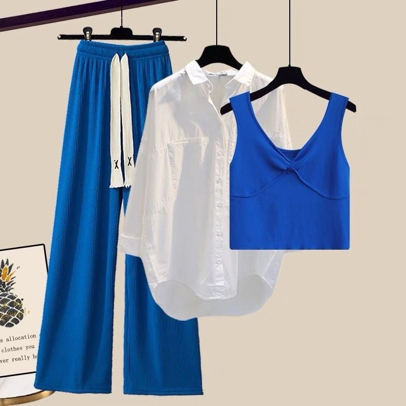 worthy three-piece set: blue shirt, vest, and wide-leg pants for women,