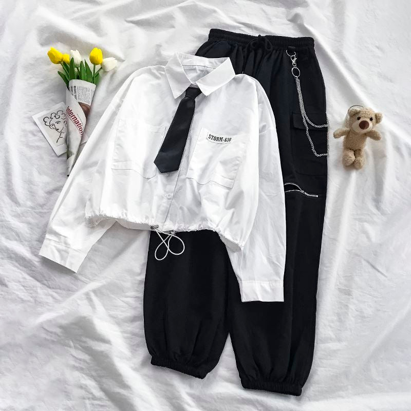 New Women's Two-Piece Set: Loose-fitting Korean Style Long-sleeved Shirt + High-waisted Cargo Pants