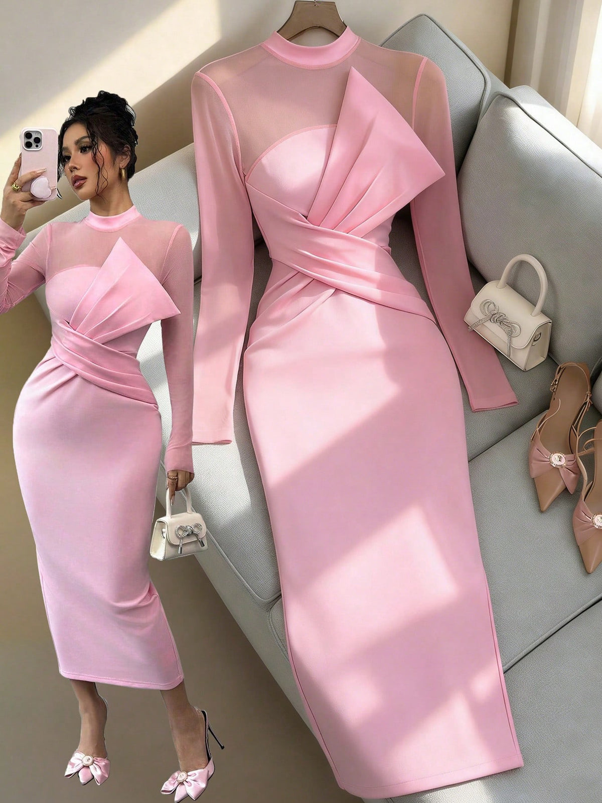 Pink Elegant Quality Mesh Panel Long Sleeve Midi Dress, Waist Defined Party Dress With Slit Fall Cloth For Women