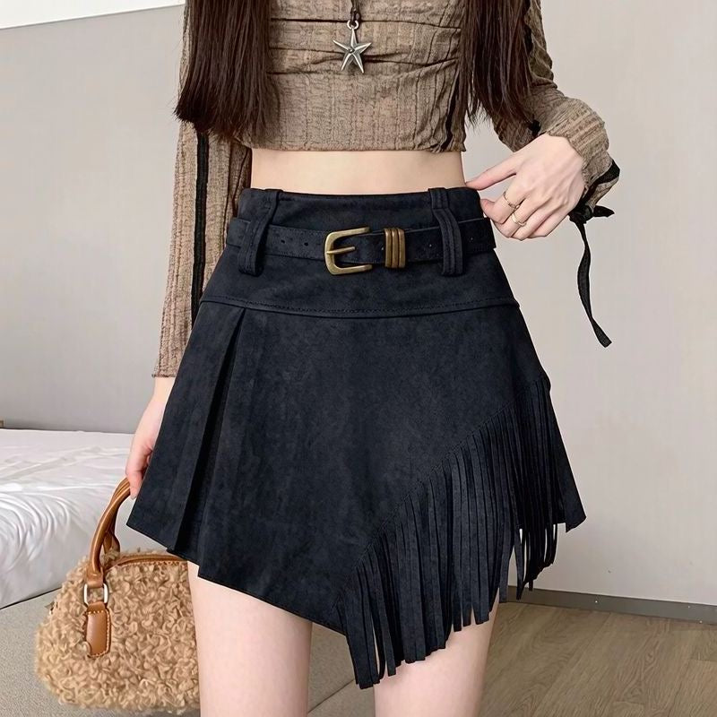 Retro-style tassel midi skirt with belt, irregular high-waisted A-line design, trendy suede skirt.