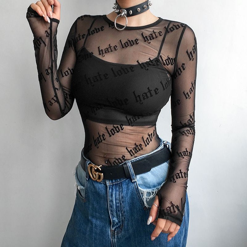 Letter Print (Love hate) Sheer Sexy Mesh Long-Sleeve T-Shirt Top for Women.
