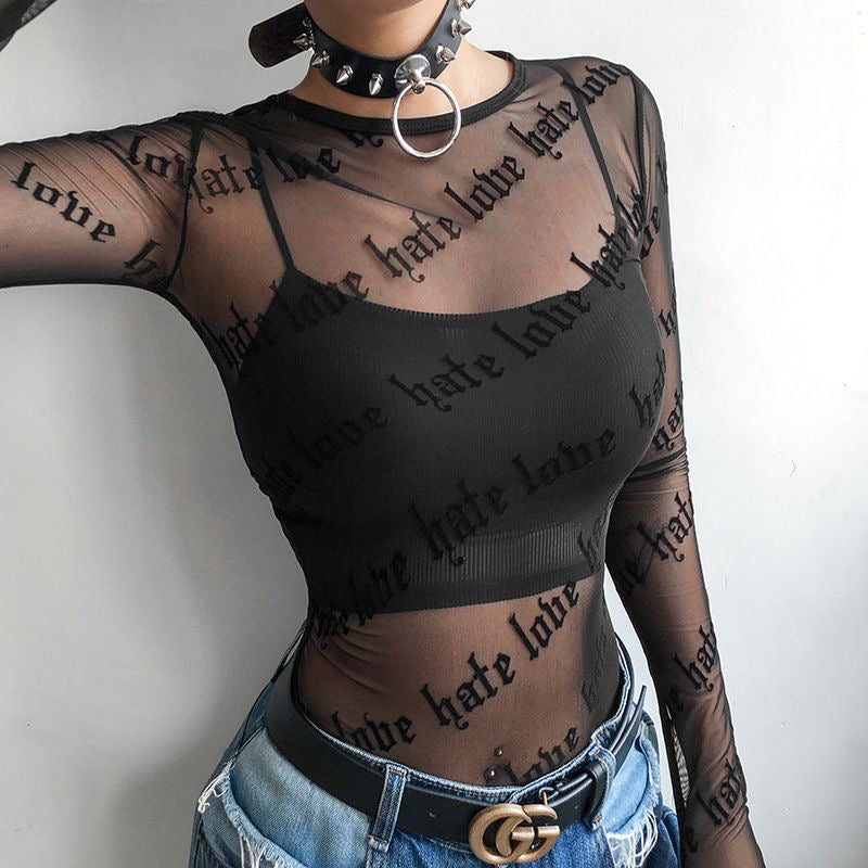 Letter Print (Love hate) Sheer Sexy Mesh Long-Sleeve T-Shirt Top for Women.