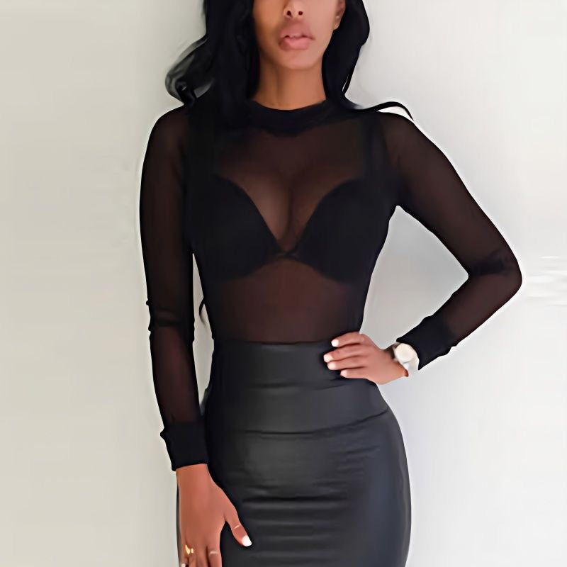 Elastic, form-fitting, see-through, ultra-thin sexy mesh base layer top, transparent long-sleeved T-shirt for women