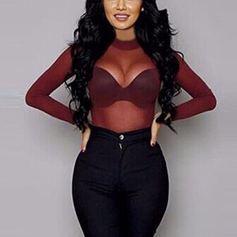 Elastic, form-fitting, see-through, ultra-thin sexy mesh base layer top, transparent long-sleeved T-shirt for women