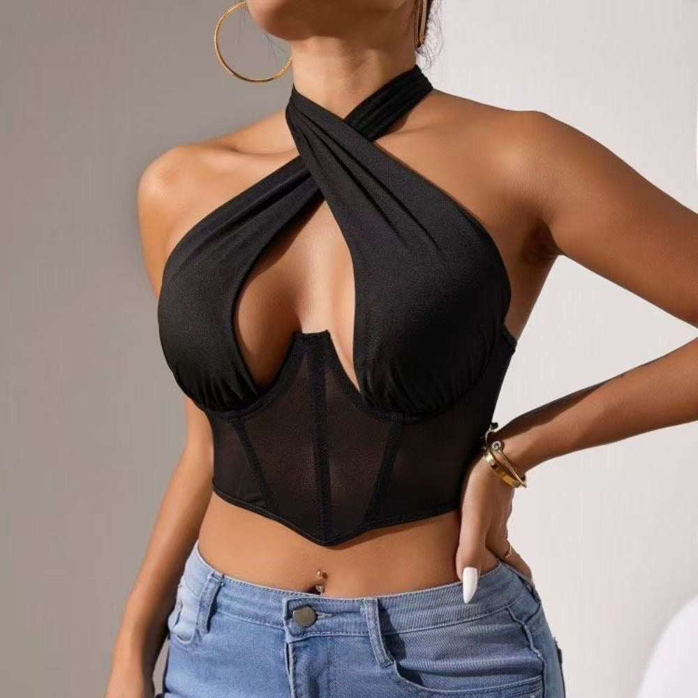 Summer European and American Style Fishbone Mesh Patchwork Sexy Halter Neck Tank Top, Slim Fit, Solid Color Crossover Top