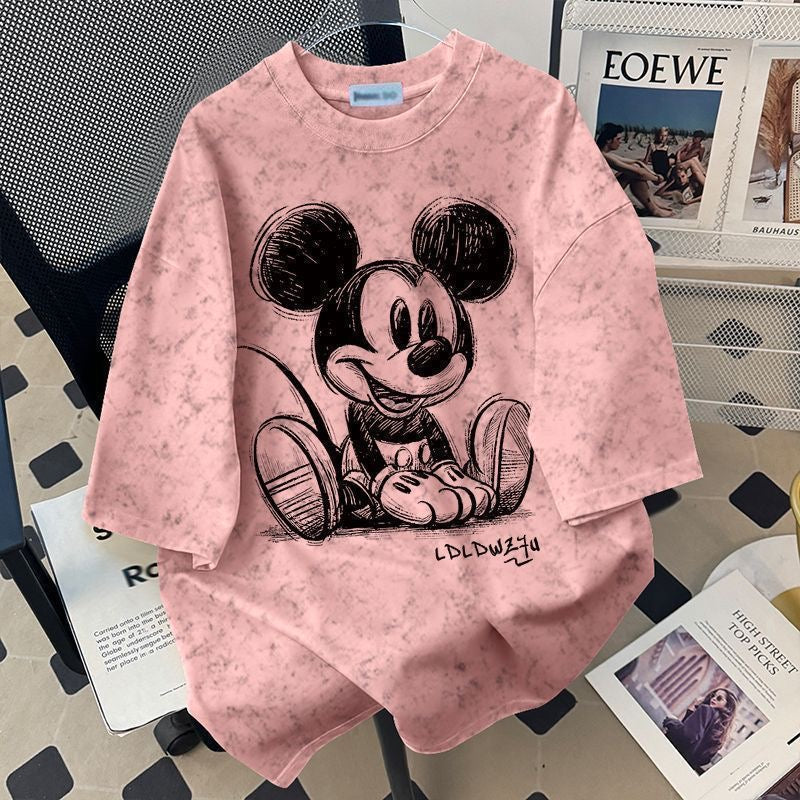 American-style cartoon Mickey Mouse print loose-fitting unisex short-sleeved T-shirt, comfortable, stylish, versatile shirt
