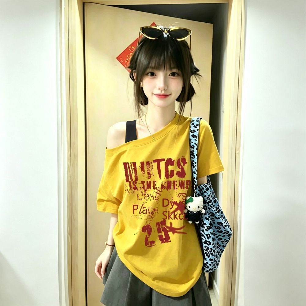 American Retro Two-Piece Short-Sleeve Off-Shoulder Top, New Women's Versatile Dopamine Korean Style INS Loose Fitv