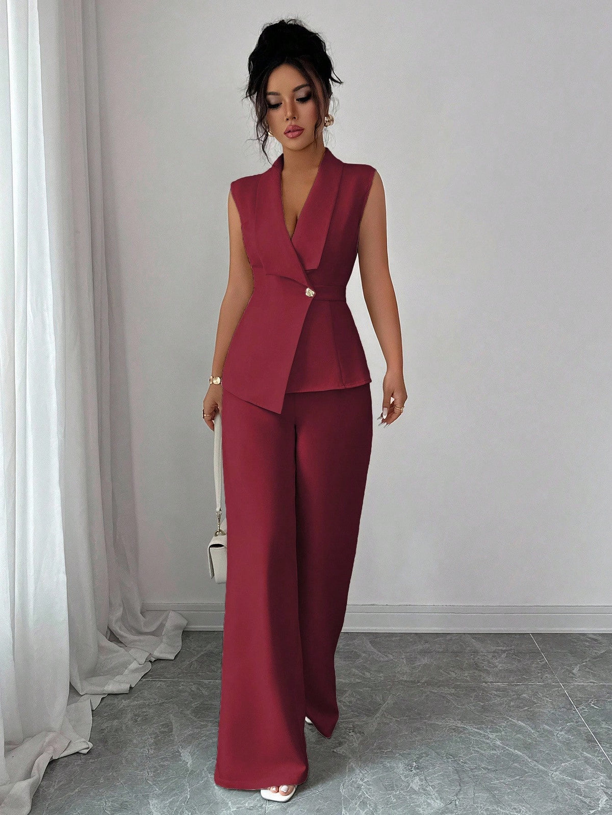 Women Summer Burgundy Elegant Office Dining Outfit,Autumn 2 Pieces Suit Set,Collared Asymmetric Hem Sleeveless Blazer Jacket,Stretchy Waist Trousers