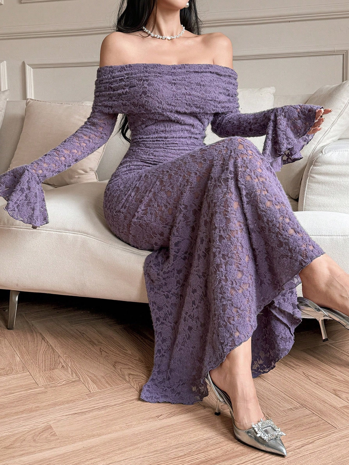 Women's Elegant Solid Color Lace Off-Shoulder Flare Sleeve Long Dress.