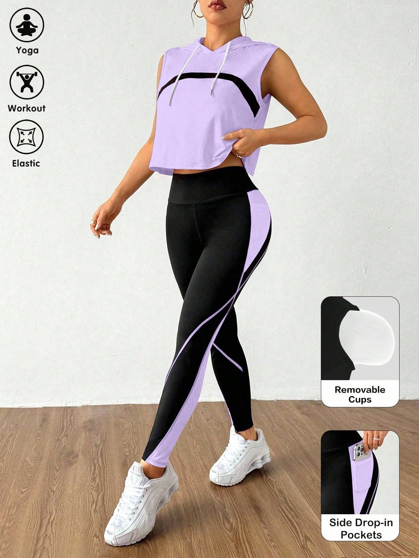 Women's gym wear Colorblock Drawstring Hooded Tank Top And Leggings Sports Set Gym Burgundy Black Summer Athleisure Athletic, exercise,yoga, fitness