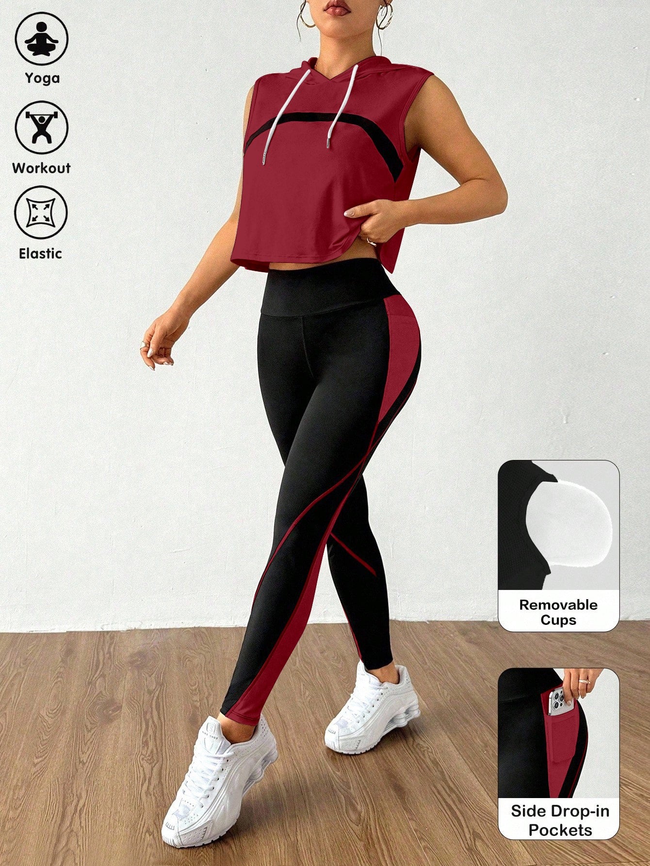 Women's gym wear Colorblock Drawstring Hooded Tank Top And Leggings Sports Set Gym Burgundy Black Summer Athleisure Athletic, exercise,yoga, fitness