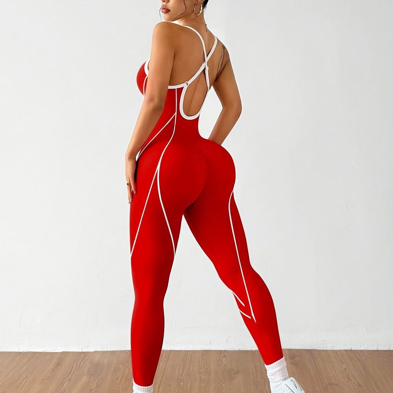 European and American best- selling seamless striped design yoga romper with crossover backless design and butt-lifting effect for women's fitness.gymwear