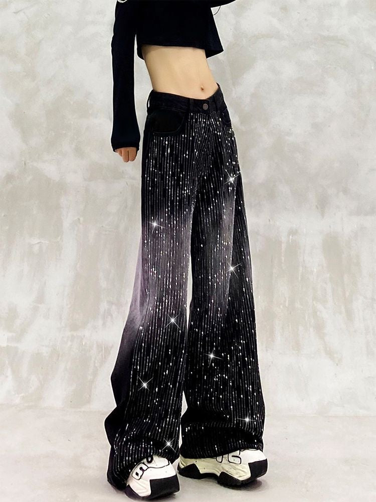 American-style hot girl sparkly rhinestone patchwork denim jeans for women with a retro design and a washed gradient floor-length style.
