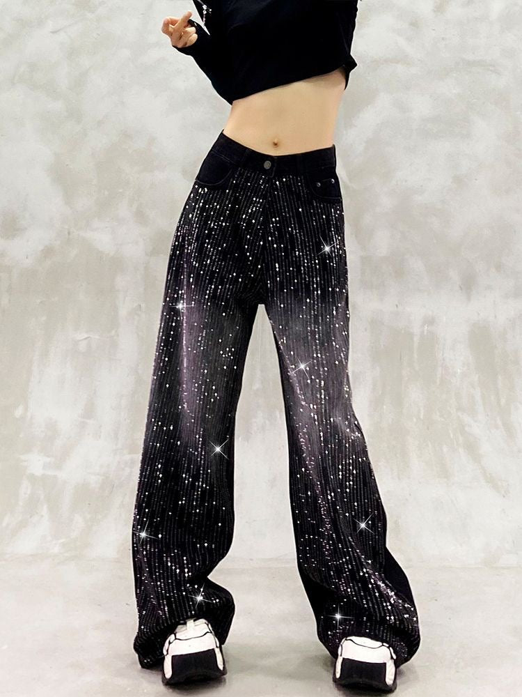 American-style hot girl sparkly rhinestone patchwork denim jeans for women with a retro design and a washed gradient floor-length style.
