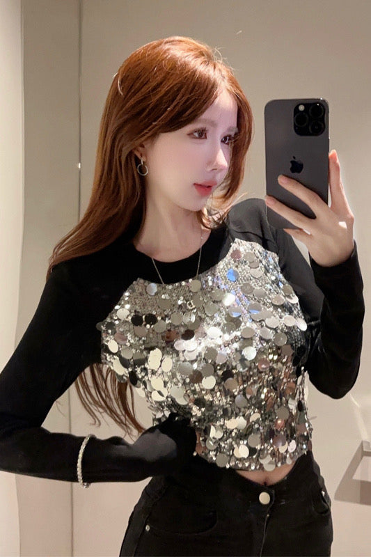 women's sexy top design high-waisted short slim fit straight shoulders slimming sequined long-sleeved T-shirt