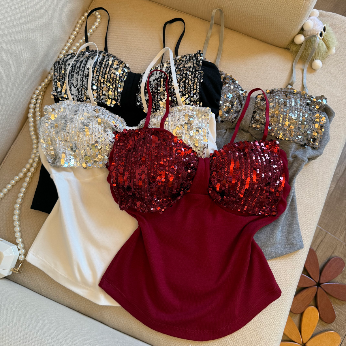 Sexy and alluring sequined camisole with bra pads, top rhinestone tassels, slim fit, and beautiful back for summer.