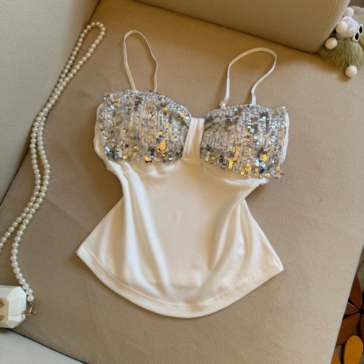 Sexy and alluring sequined camisole with bra pads, top rhinestone tassels, slim fit, and beautiful back for summer.
