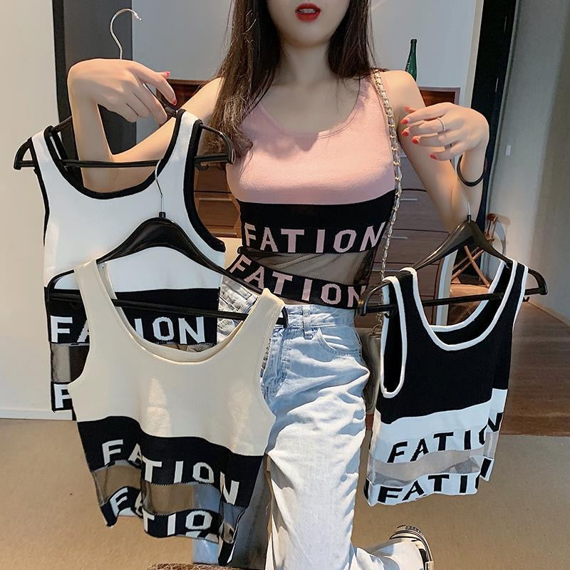 Summer New Women's Korean Style Fashionable Crop Top with Mesh Patchwork Design - Knitted Camisole