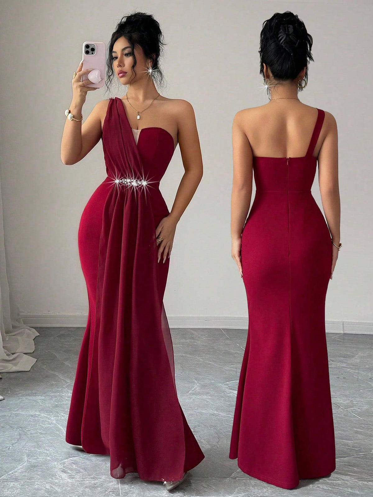 Women's Elegant Dining Dress,Pearl Decor Asymmetrical Shoulder Bustier Waist Cinching Fishtail Hem Patchwork Parties Gatherings dress