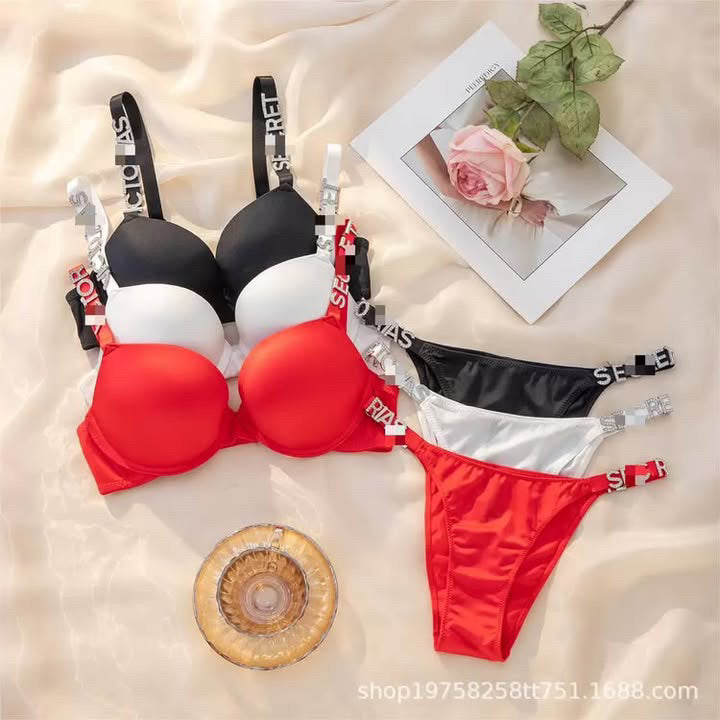Victoria's Secret Letter Underwear Feminine Fashion Glossy Rhinestone Shoulder Strap,Breast Push up set(if instock available 👉 Delivery time 3 to 5 days and if Pre-order then 👉 delivery time 10 to 15 days) vibrant vogue