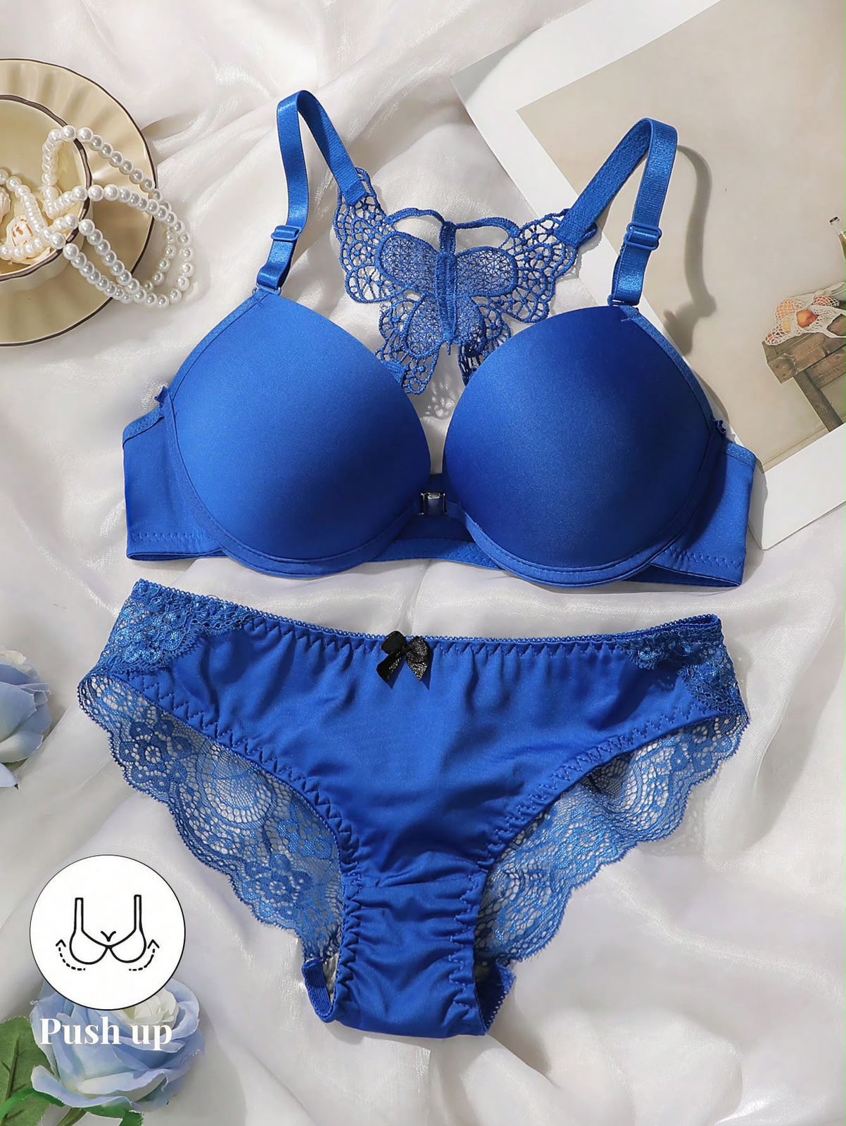 1 Set Women Lace Underwire Push-Up Bra And Panty Set, Lingerie