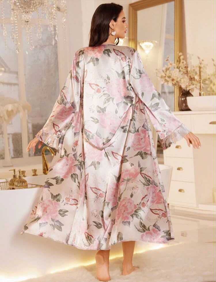 LuxeNights Elegant Satin Printed Camisole Sleep Dress & Long Belted Robe Set, Fall Winter Clothes Cozy And Elegant Details