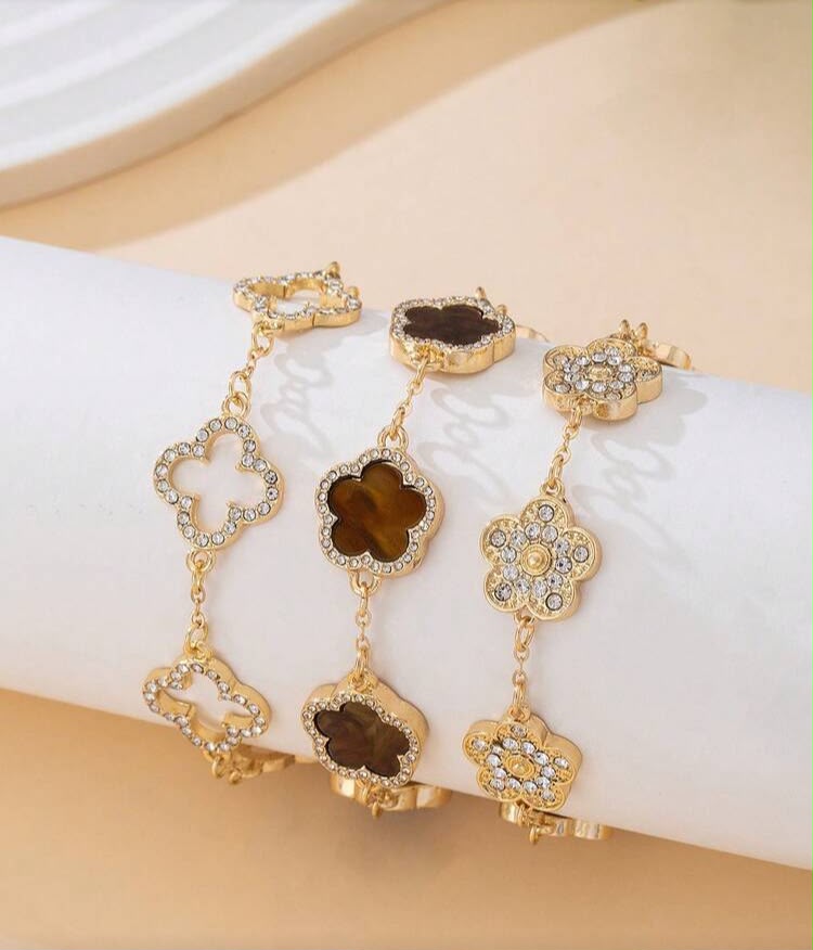 3pcs Luxurious High-End Clover Rhinestone Decor Bracelet Set, Brown & Gold, Elegant & Sweet Women Bracelet Set, Stackable/Versatile