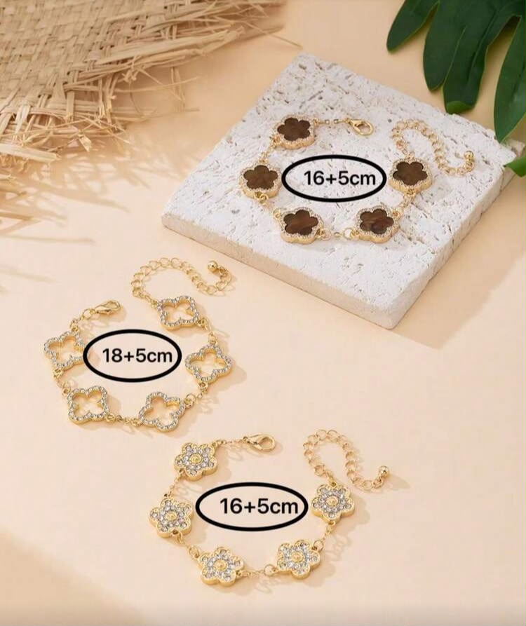 3pcs Luxurious High-End Clover Rhinestone Decor Bracelet Set, Brown & Gold, Elegant & Sweet Women Bracelet Set, Stackable/Versatile