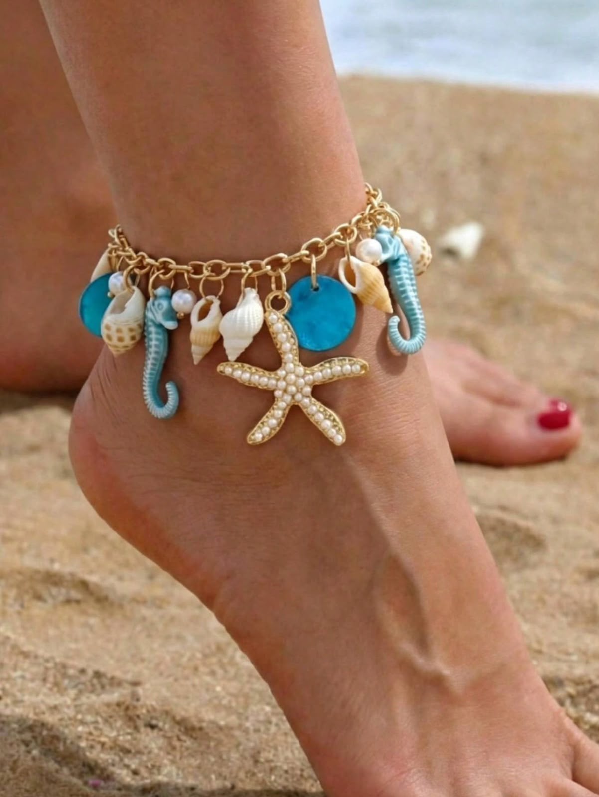 1pc Bohemian Beach Style Blue Seahorse, Shell, Starfish, Conch And Faux Pearl Anklet, Elegant Beaded Anklet, Women's Beach Vacation Accessory, Designed For Women, Perfect Gift Choice