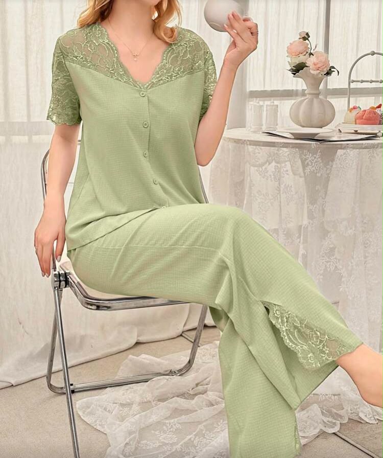 Pre order-delivery within 14 days Lace Splicing Semi-Sheer Open Shoulder Short Sleeve Pajama Set