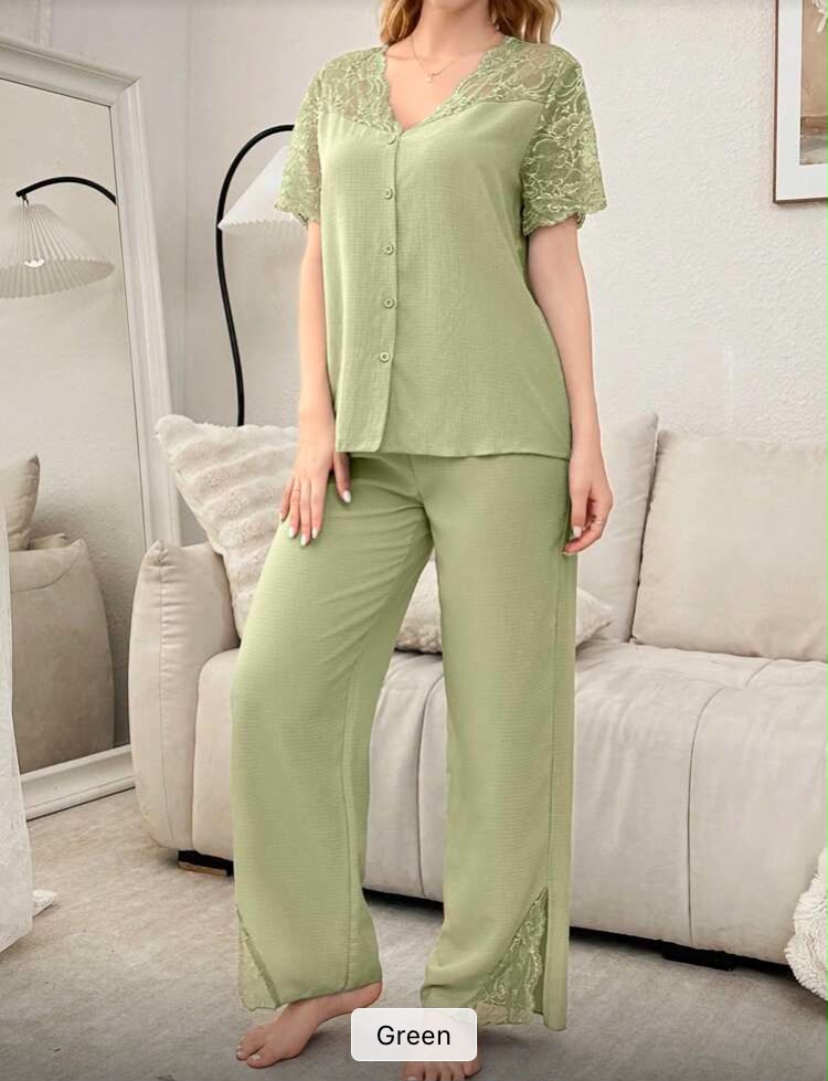 Pre order-delivery within 14 days Lace Splicing Semi-Sheer Open Shoulder Short Sleeve Pajama Set