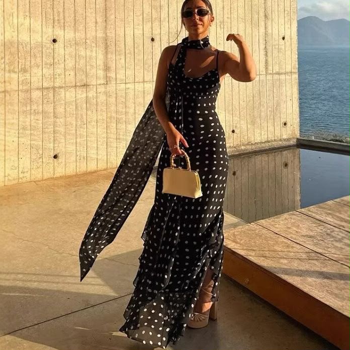 Sugar Cake Summer New Arrival Women's Clothing European and American Style Fashion Camisole Dress with Ruffles and Polka Dot Scarf
