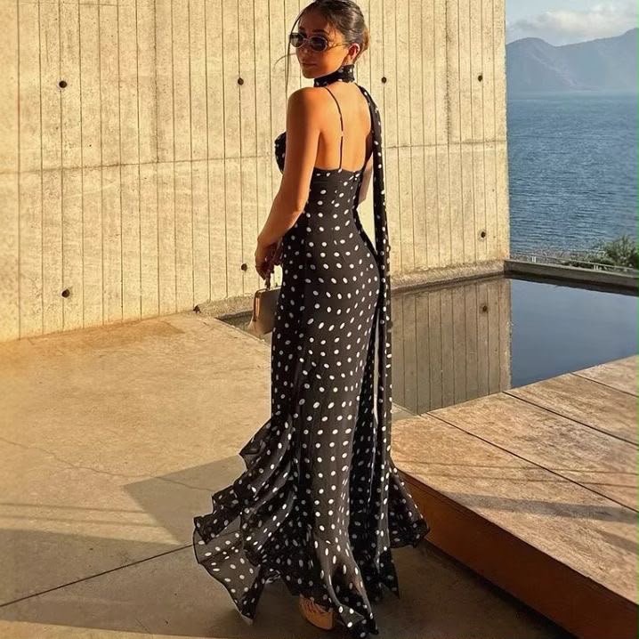 Sugar Cake Summer New Arrival Women's Clothing European and American Style Fashion Camisole Dress with Ruffles and Polka Dot Scarf