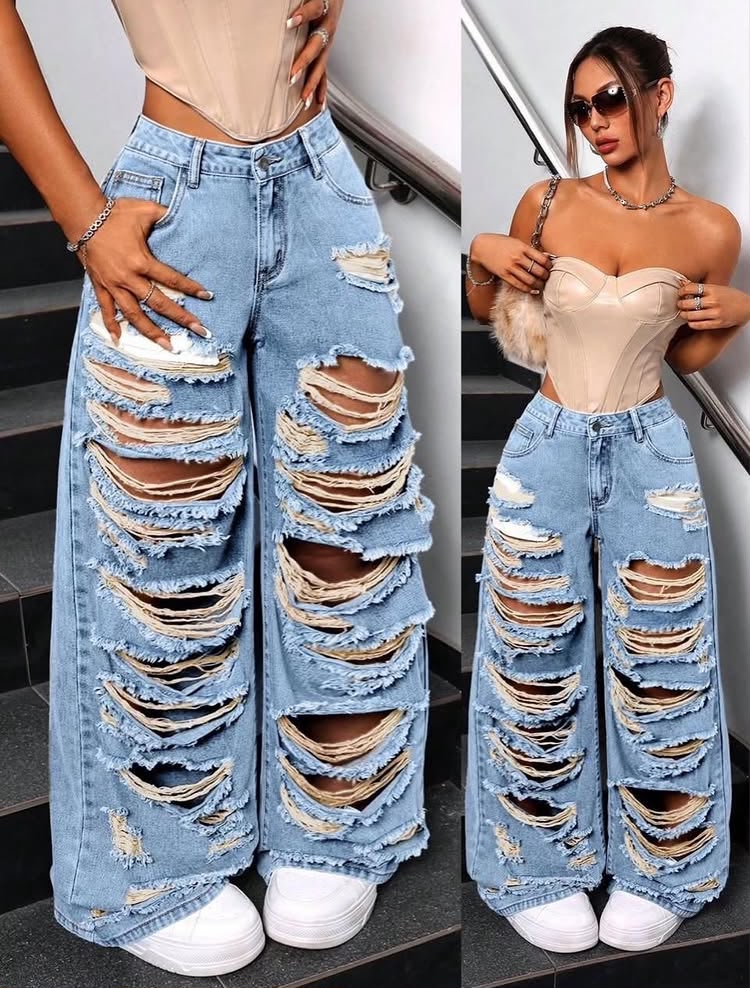 Flirla Women's Pocketed Button Distressed Design Casual Streetwear Loose Fit Denim Wide Leg Pants Baggy Ripped Jeans Everyday Light Blue Summer