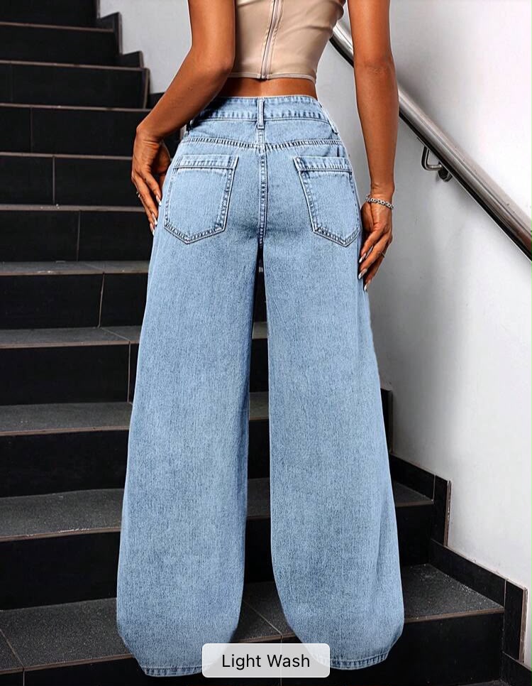 Flirla Women's Pocketed Button Distressed Design Casual Streetwear Loose Fit Denim Wide Leg Pants Baggy Ripped Jeans Everyday Light Blue Summer