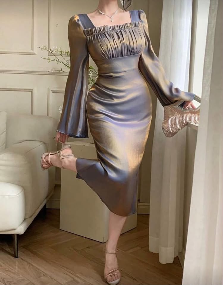 Fall New Elegant Satin Midi Dress For Women Long Sleeve Dress