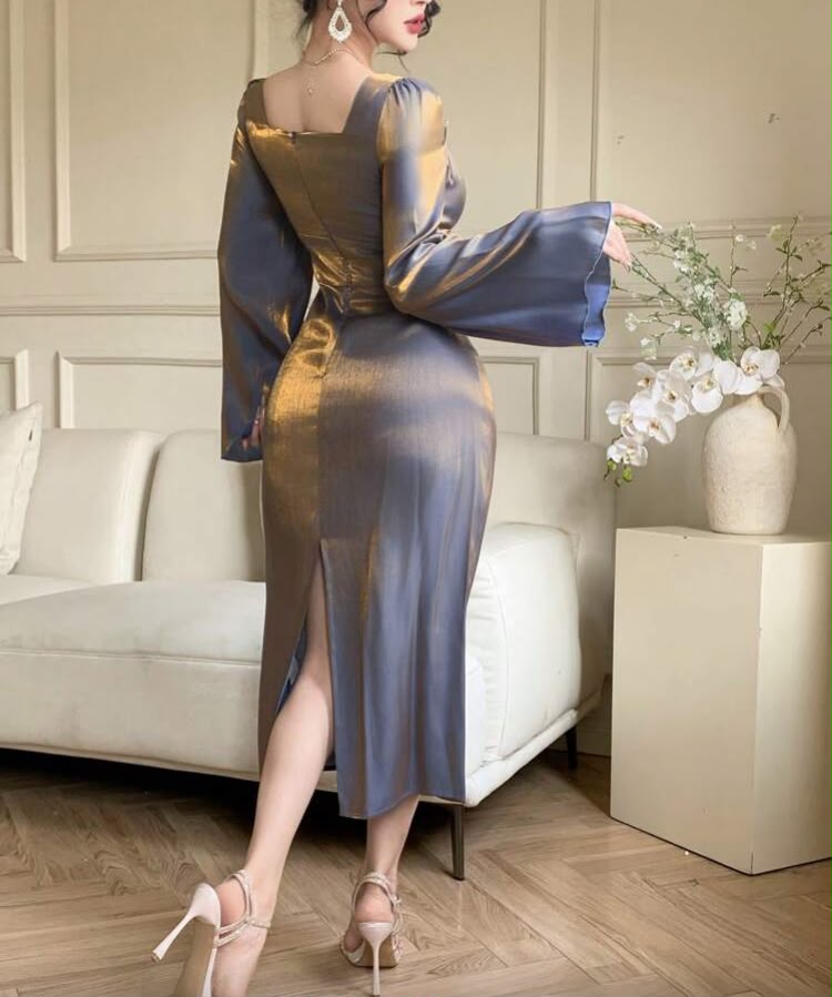 Fall New Elegant Satin Midi Dress For Women Long Sleeve Dress