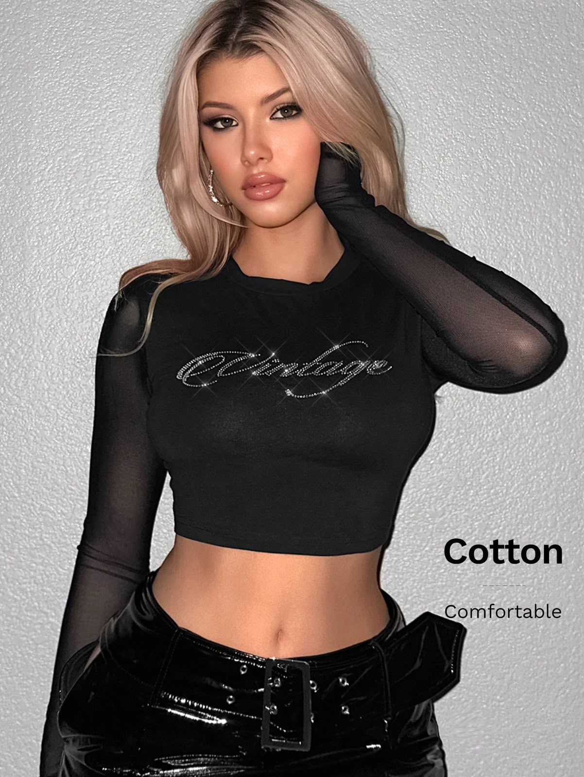 Rhinestone Letter Pattern Contrast Mesh Black CropTee