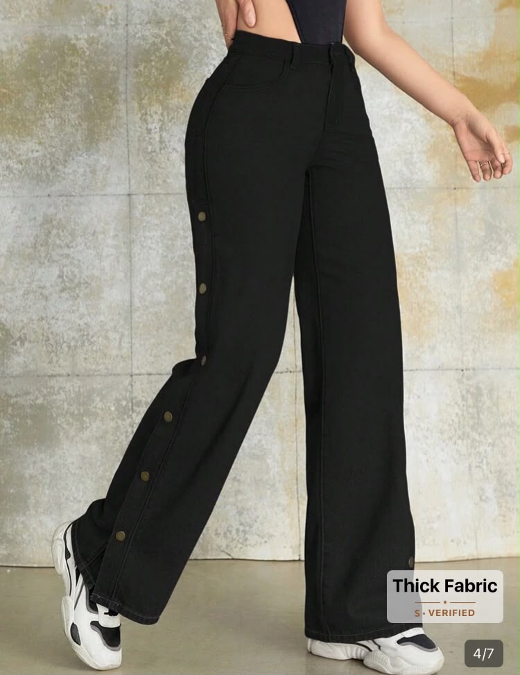 Pre-order delivery 14 days. Rave Y2K Streetwear High Waist Metal Buckle Side Slit Pocket Wide Leg Jeans, Comfortable Casual Denim Pants Spring Black