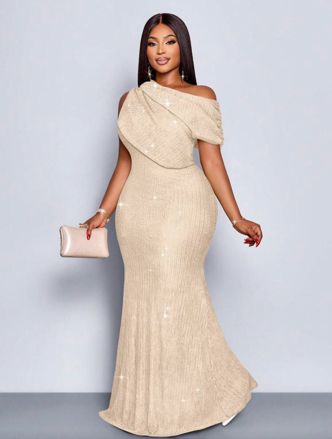 Plus Size Women's Blush Pink,Winter,Elegant,Formal Maxi Dress, Asymmetrical Shoulder Pleated Slim Fit Fish Tail Sparkly Knitted Evening Gown 👉(30% advance) 10-15 days delivery, vibrant vogue (last picture for size chart)