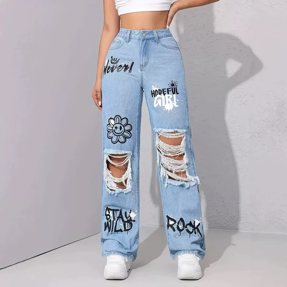 European and American Style Women's Light Blue Printed Jeans with Large Holes, Frayed Edges, Wide-Leg, High-Waisted, Street Style, Straight-Cut, Floor-Length, Trendy Brand 👉(30% advance) 10-15 days delivery, vibrant vogue.
