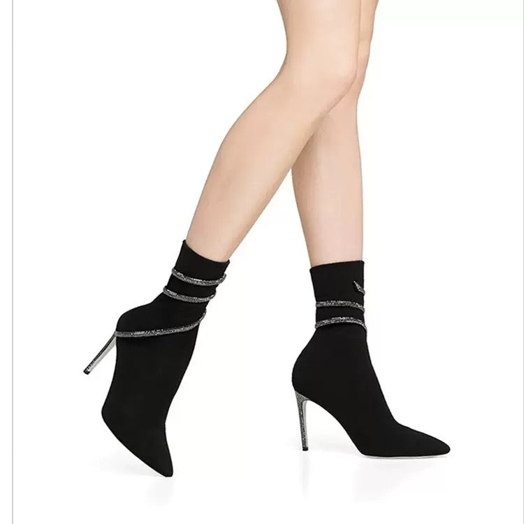 European and American Cross-Border Short Boots New Style High-Heeled Pointed Toe Stiletto Heel Rhinestone Knitted Elastic Slim Boots That Make You Look Taller with Ultra-👉(30% advance) 10-15 days delivery, vibrant vogue.