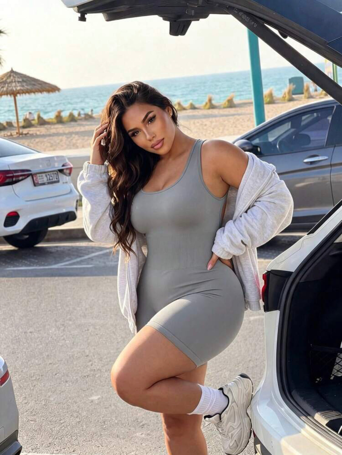 Plus Size Seamless Sleeveless Jumpsuit, Round Neck Vest Style Seamless Gray Fitness Yoga Sportswear 👉(30% advance) 10-15 days delivery, vibrant vogue