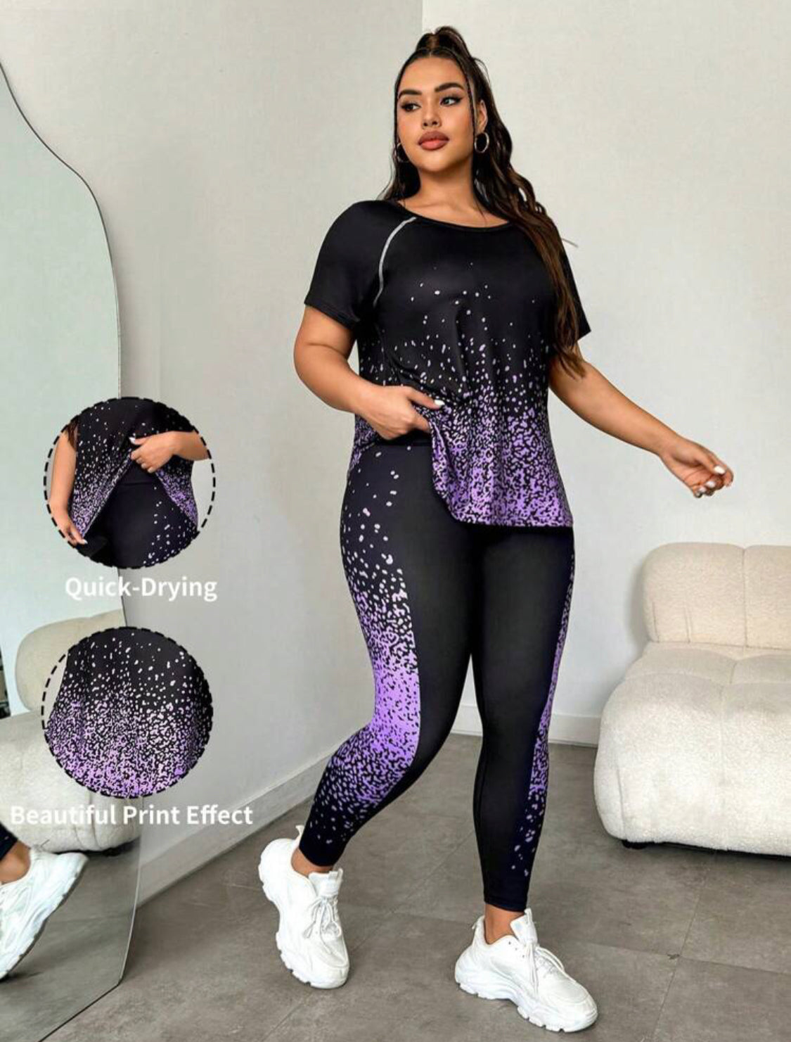 Plus Size Women's Shiny Printed Crew Neck Short Sleeve T-Shirt And Pants Sports Suit, Summer Workout Women Sets 👉(30% advance) 10-15 days delivery, vibrant vogue